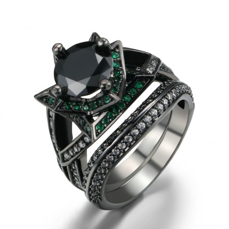 Europe Unique Personality Black Gold Inlaid High-End Cz Flower-Shaped Ring Set