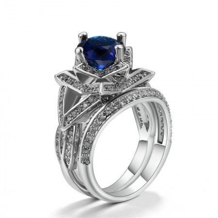Europe Luxury Unique Personality White Gold Inlay High-End Sapphire Ring Set