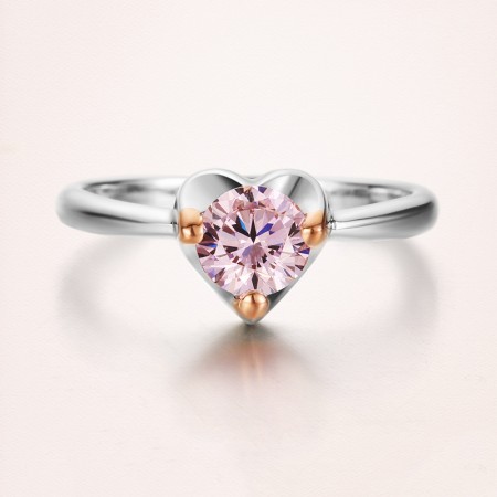 925 Silver Plated 18K Gold Inlay Pink Cubic Zirconia Heart-Shaped Engagement Ring
