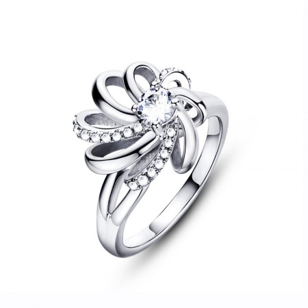 925 Silver Texture Bright Beautiful Flowers Opening Ring With CZ