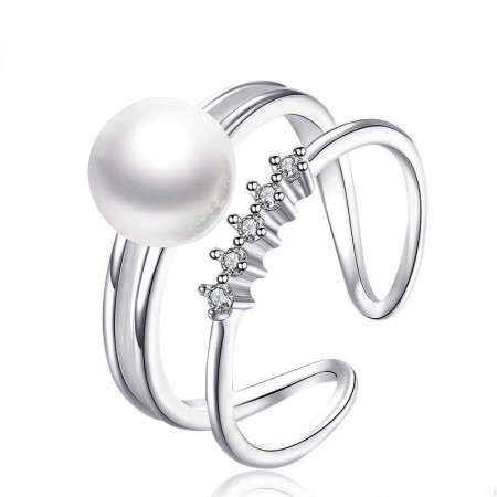 Original Double Layer Natural Pearl With Four CZ 925 Silver Ring