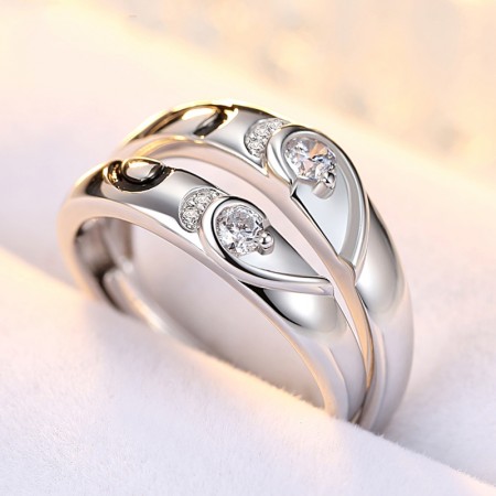 925 Silver Inlaid CZ Heart-Shaped Happiness Sweet Couple Rings
