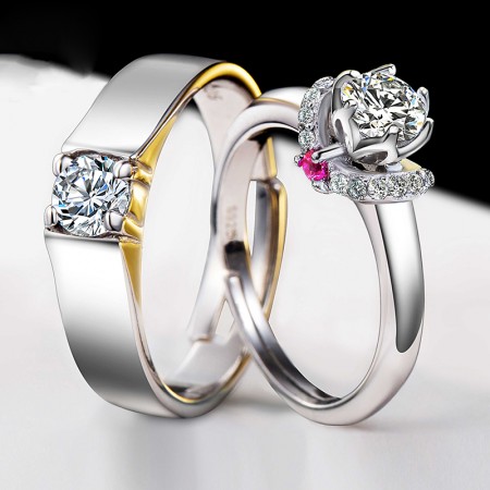 925 Silver Plated White Gold Beautifully Wedding/Engagement Couple Rings (Adjustable Size)