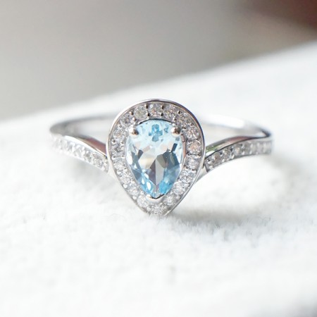 925 Silver Plated White Gold Inlaid Classic Drop-Shaped Aquamarine Ring