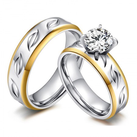 Popular Gold Rim Engraved Silk-Shaped Cubic Zirconia Couple Rings