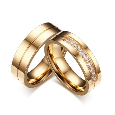 Korean New Titanium Steel Inlaid Cubic Zirconia Golden Couple Rings 