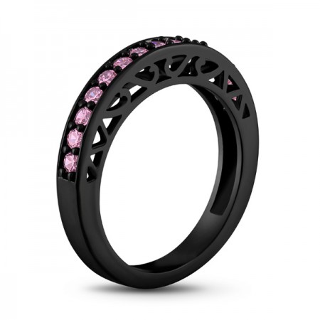 Black Gold Plated Women's Engagement / Wedding Band Promise Ring With Pink Cubic Zirconia