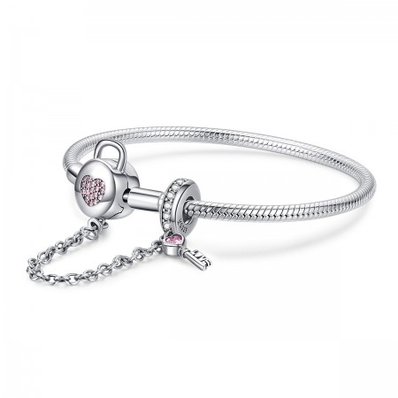 Key Lock Pink Cubic Zirconia Heart 925 Sterling Silver Bracelet for Women Holiday or Special Occasion Gift
