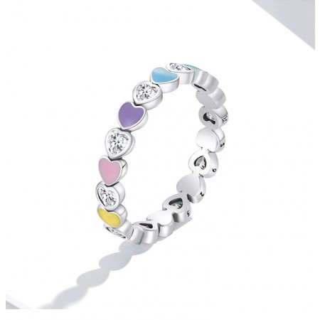 Multi-color Rainbow Heart Enamel Process 925 Sterling Silver Ring - Perfect Valentine's Day Gift