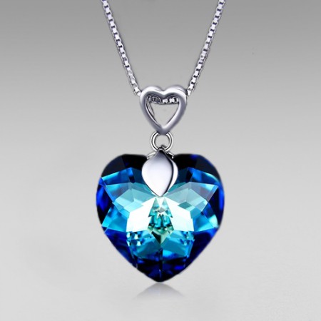 Blue Heart Crystal Pendant with 925 Sterling Silver Chain Women's Necklace