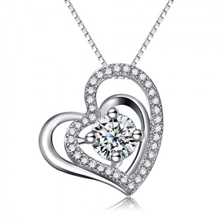 Double Heart Design Pendant 925 Sterling Silver Cubic Zirconia Women's Necklace