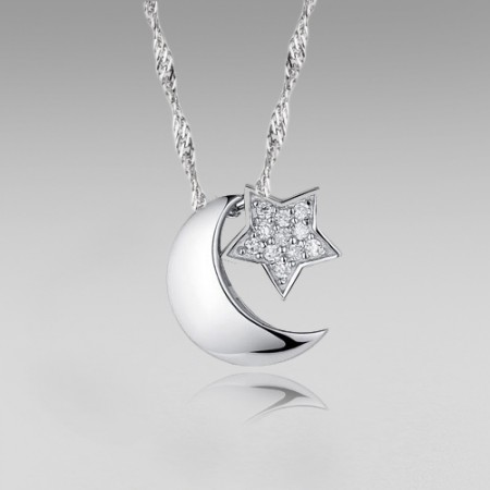 925 Sterling Silver Moon and Star with Cubic Zirconia Pendant Women's Necklace