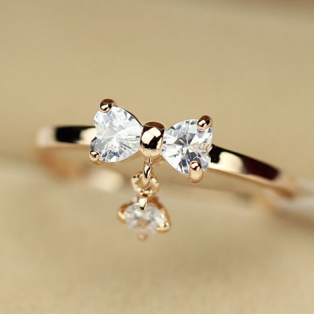 Lovely Exquisite Crystal Bowknot with Crystal Charm Alloy 14K Gold Plated Women's Ring