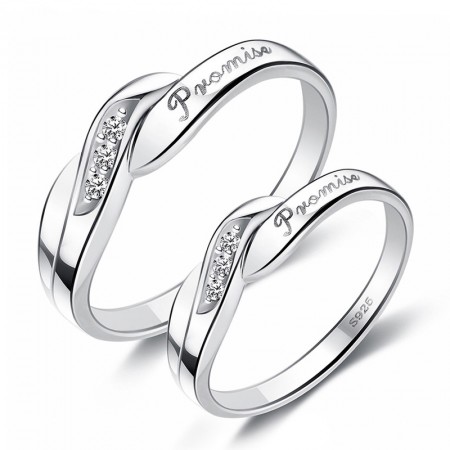 "Promise" Three Crystal Decorated Lover's Sterling Silver Rings(Price For A Pair)