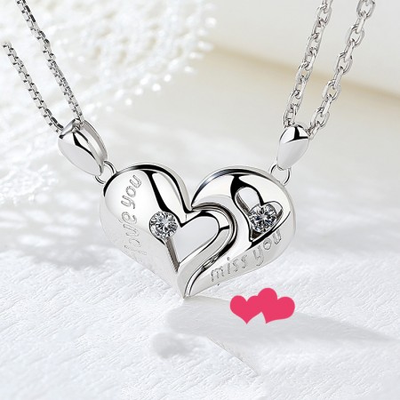 CreativeLove You Miss You Heart's Kiss With Crystal 925 Sterling Silver Lovers Necklaces (Price For a Pair)
