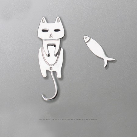 Cat and Fish S925 Sterling Silver One Pair Earrings for Girls Teens Boys Students Women