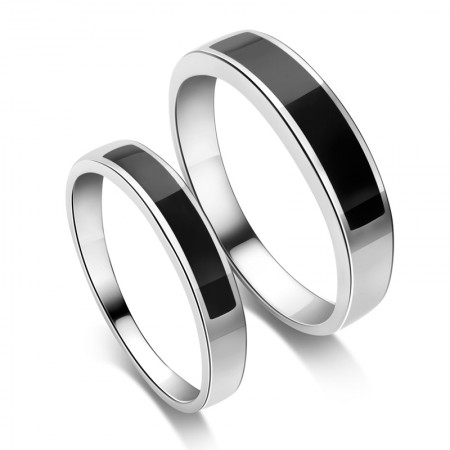 925 Sterling Silver Platinum Plated Black Agate Simple Style Couple Rings  (Price For a Pair)