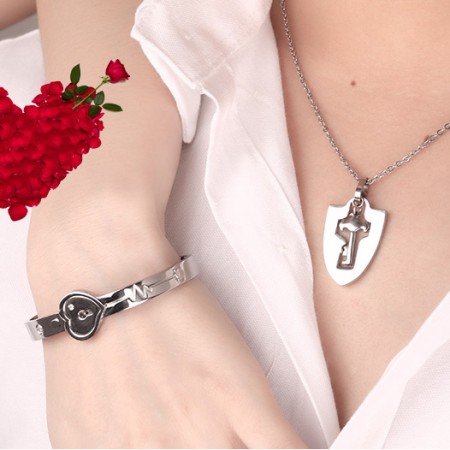 Love Heart Lock Bracelet And Key Necklace Set For Couples Jewelry