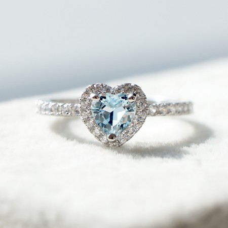 Natural Heart Sea Blue Aquamarine S925 Silver Engagement Ring