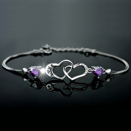 Fashion Double Heart Design Cubic Zirconia 925 Sterling Silver Women's Bracelet
