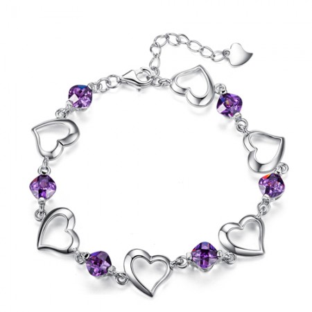 Heart Shape Purple Crystal 925 Sterling Silver White Gold Plated Women's Bracelet