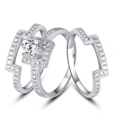 Original New 925 Sterling Silver Inlaid Simulation CZ Engagement Ring Set