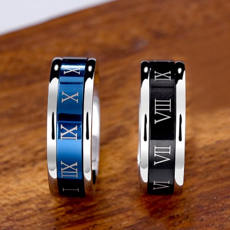 Unisex Black Or Blue Titanium Steel Roman Numerals Spins Ring for Anxiety
